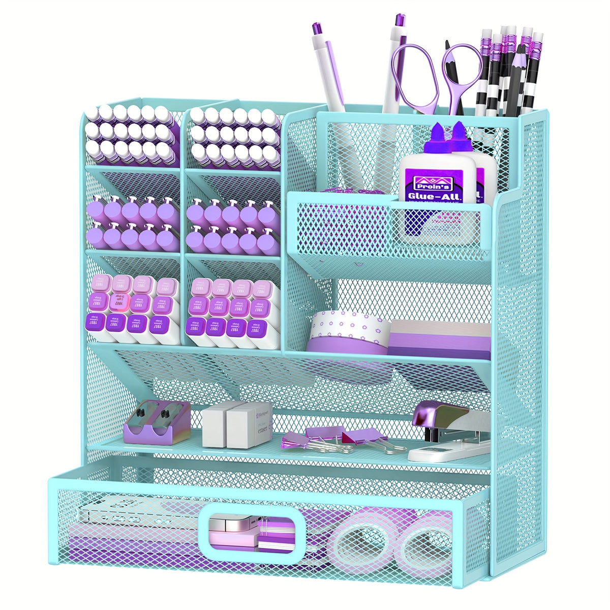 Mesh Desk Organizer with Drawer & Pen Holder – Pencil Cup Storage for Office, School & Art Studio, Breathable Mesh Design, Available in Black, Yellow & Blue