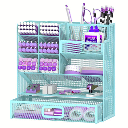 Mesh Desk Organizer with Drawer & Pen Holder – Pencil Cup Storage for Office, School & Art Studio, Breathable Mesh Design, Available in Black, Yellow & Blue