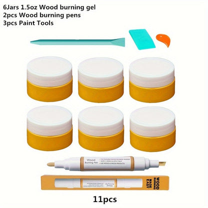 Wood Burning Paste Kit 6 Jars 1.5OZ Heat Activated Gel with Burning Pens & Tools, Pyrography Stencil Etching Cream for Wood Canvas Denim, DIY Craft Set for Beginners & Artists