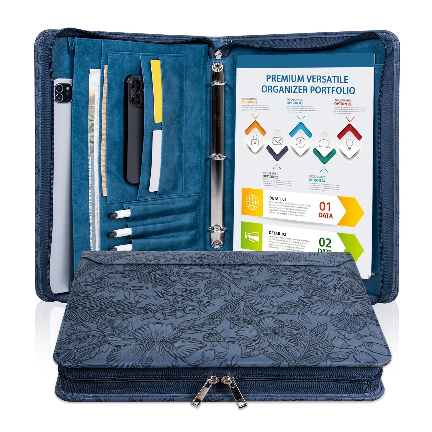 Vegan Leather Portfolio Binder 3-Ring Zipper A4 Legal Laptop Pocket Work Organizer for Women Men