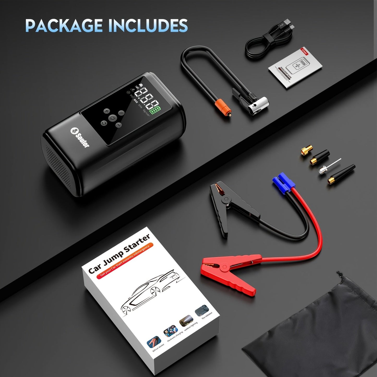 Portable Car Jump Starter 3000A-6000A – 12V Lithium Battery Booster Pack, Dual USB QC 3.0 Fast Charging Power Bank, LED Light & Compass, Fits All Gas Engines