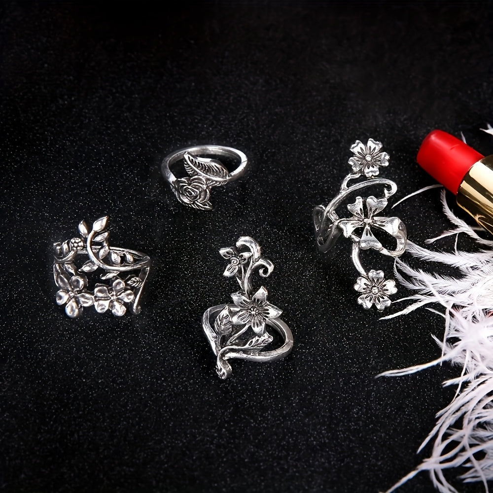 925 Sterling Silver Vintage Stackable Floral Ring Set for Women – 4 Piece Boho Stacking Rings, Elegant Minimalist Band Jewelry, Perfect Gift for Her Birthday Anniversary Christmas