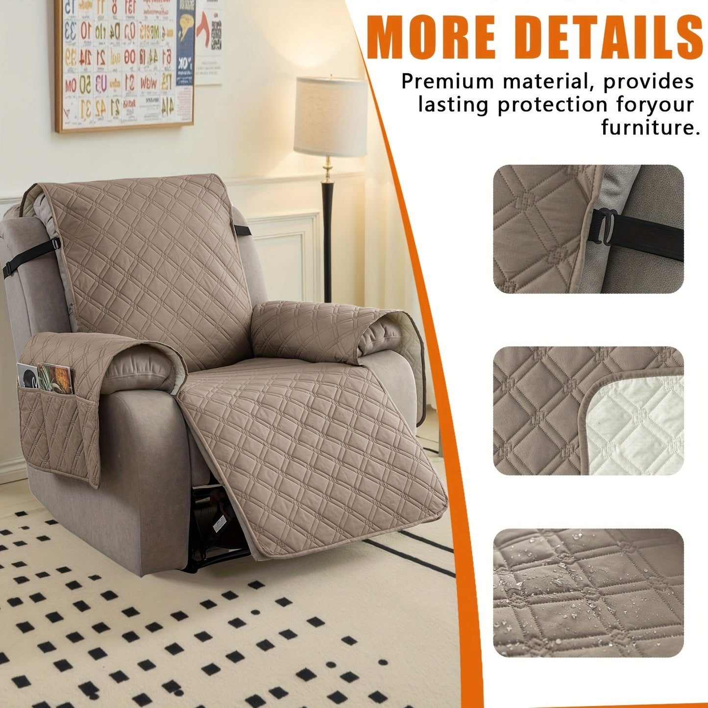 Waterproof Recliner Cover Slipcover with Side Pockets Anti-Slip Straps 4-Layer Quilted Fabric Pet Kid Proof Machine Washable Recliner Chair Protector – 11 Colors