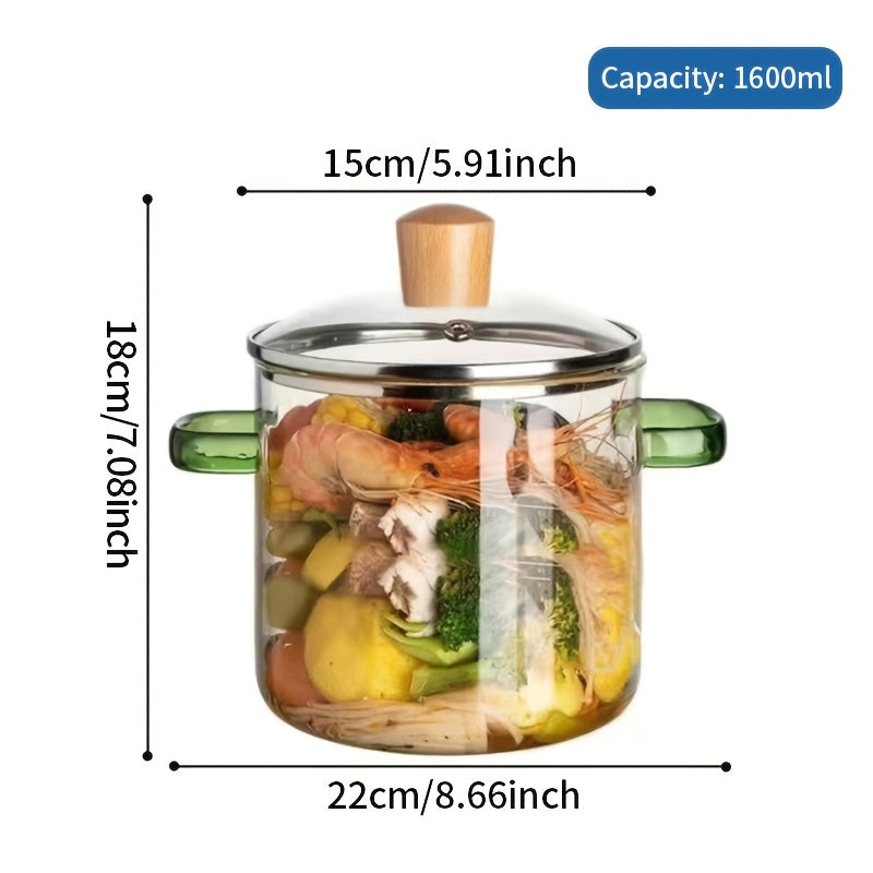 54oz Borosilicate Glass Soup Pot with Handle | Heat Resistant to 752°F | Stovetop & Oven Safe | Transparent Glass Cooker for Soup Congee Ramen Milk | Easy Clean Odorless | Green & Yellow Handle