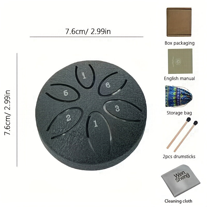 Mini Steel Tongue Drum 3 Inch 6-Tone – Beginner Handheld Carbon Steel Percussion Instrument, Includes Drumsticks, Sheet Music & Learning Guide, Perfect for Meditation, Gifts, Weddings & Holidays – Multiple Colors