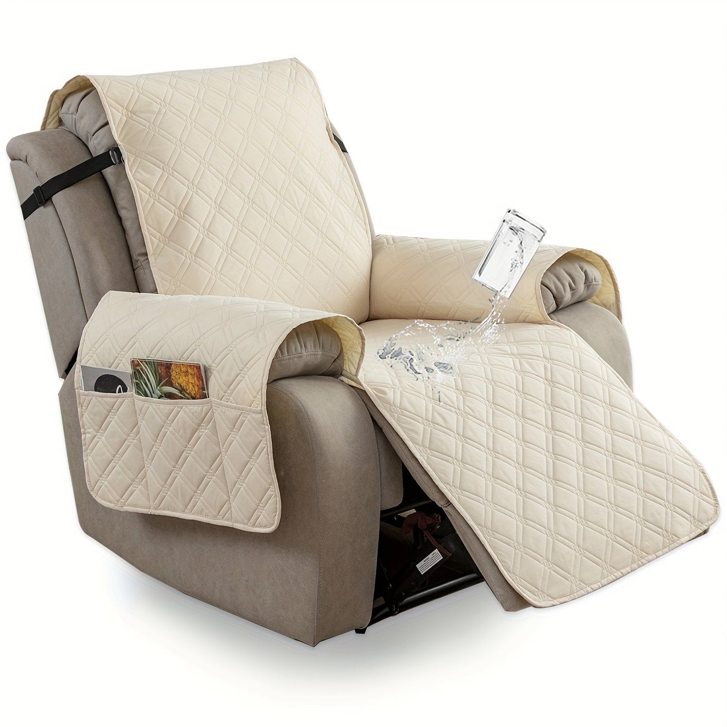 Waterproof Recliner Cover Slipcover with Side Pockets Anti-Slip Straps 4-Layer Quilted Fabric Pet Kid Proof Machine Washable Recliner Chair Protector – 11 Colors
