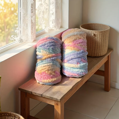 Chunky Chenille Yarn 2 Skeins 500g Hand Knitting Blanket Crochet Multicolor Striped Soft Polyester Extra Thick Plush DIY Gift for Women Men