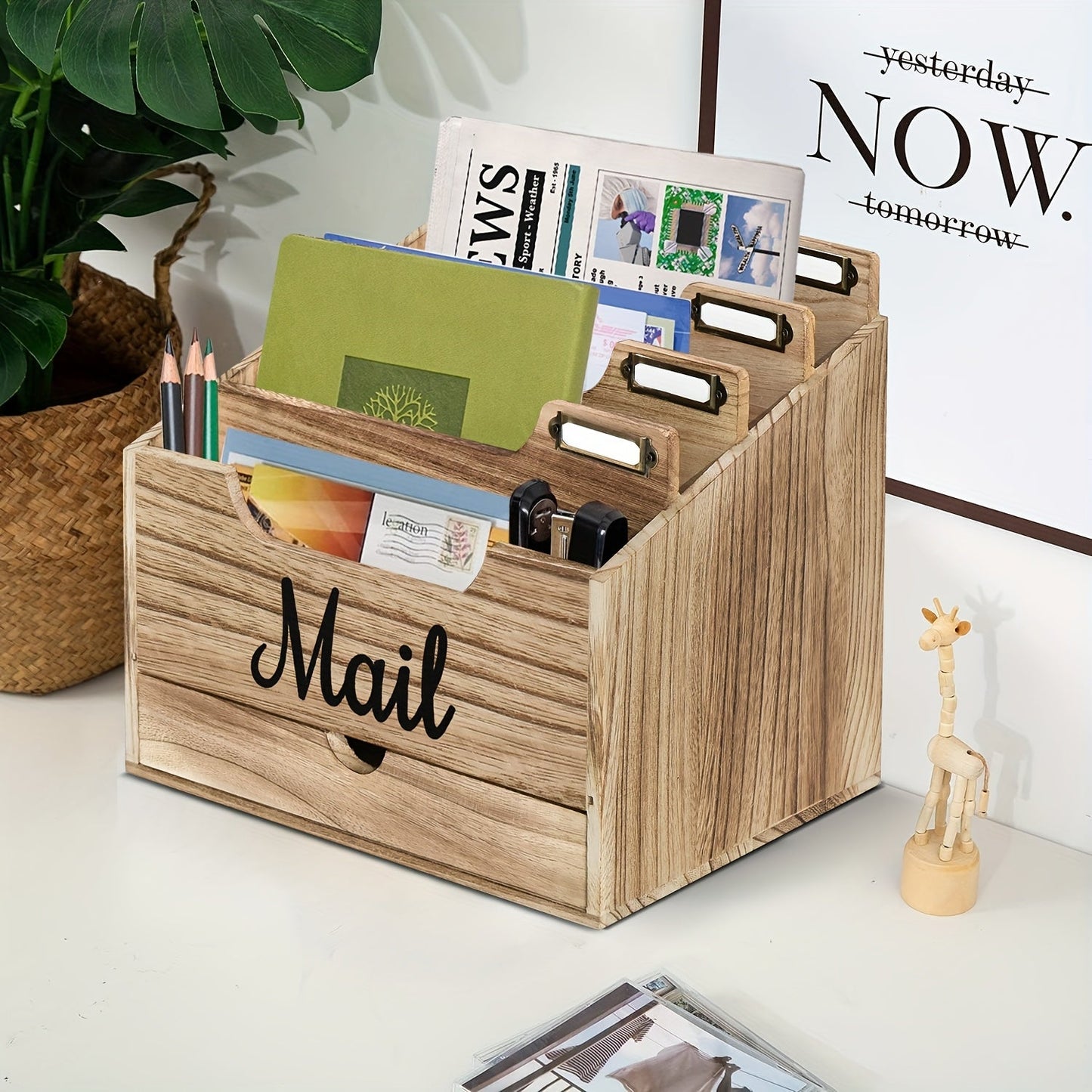 Large Solid Wood Desktop Mail Organizer with Drawer and 4 Compartments Labelable Dividers for Files Letters Paper Folders Desk Organizer for Home Office Students and Professionals