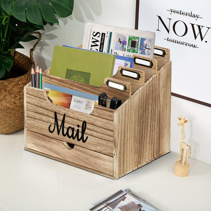 Large Solid Wood Desktop Mail Organizer with Drawer and 4 Compartments Labelable Dividers for Files Letters Paper Folders Desk Organizer for Home Office Students and Professionals