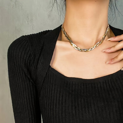 2-Piece Gold Stainless Steel Necklace & Bracelet Set for Women – Gold-Plated Tri-Color Hand-Woven Design, French Minimalist Retro Style for Daily Wear, Commute, Holiday & Party