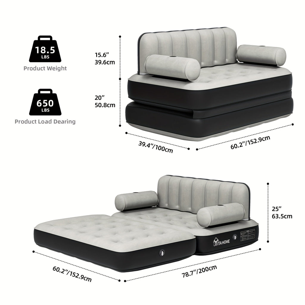 Inflatable Air Sofa Bed 2-in-1 Queen Size – Portable Blow Up Couch & Airbed with Headboard, Cup Holders, External Pump & Storage Bag, 440 lb Capacity for Home, Camping & Guests