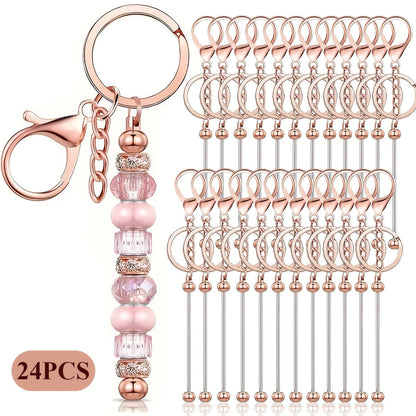 Stainless Steel Beadable Keychain Blanks DIY Kit – 12 & 24pcs Metal Keyring Pendants with Charms for Crafting, Christmas & Halloween Gifts, Gold, Silver & Rose Gold