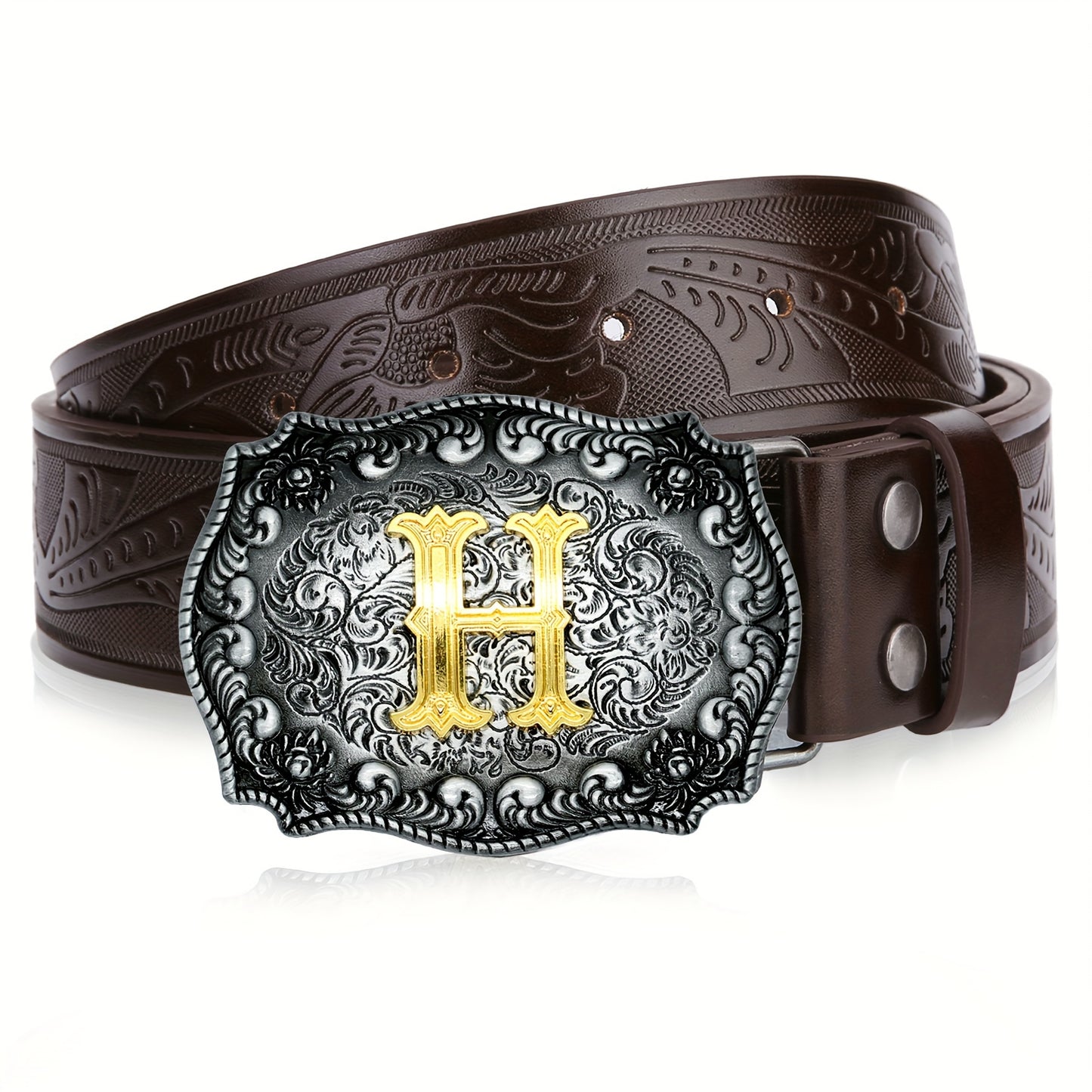 Western Cowboy Belt for Men & Women Embossed Floral Faux Leather – Longhorn Bull Pattern Big Buckle Zinc Alloy, Sizes 34-44, Stylish Durable Country Western Dress Belt Gift for Christmas Father's Day