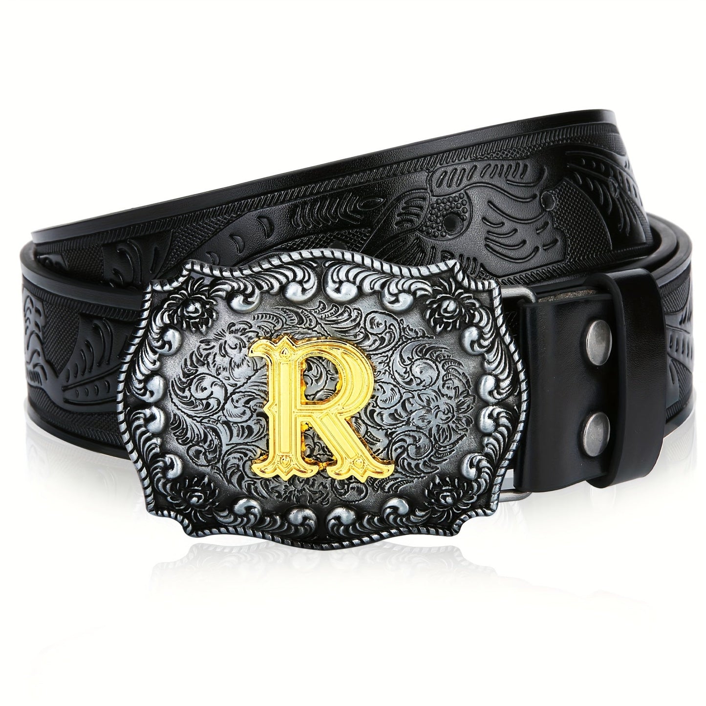 Western Cowboy Belt for Men & Women Embossed Floral Faux Leather – Longhorn Bull Pattern Big Buckle Zinc Alloy, Sizes 34-44, Stylish Durable Country Western Dress Belt Gift for Christmas Father's Day