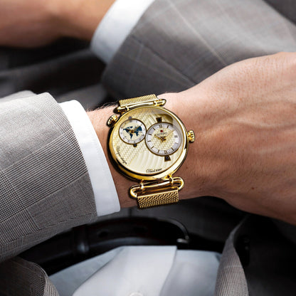 Men's Classic Vintage Quartz Watch for Business – Elegant Golden Dial Dress Wristwatch with Gift Box, Analog Timepiece for Work, Formal & Special Occasions