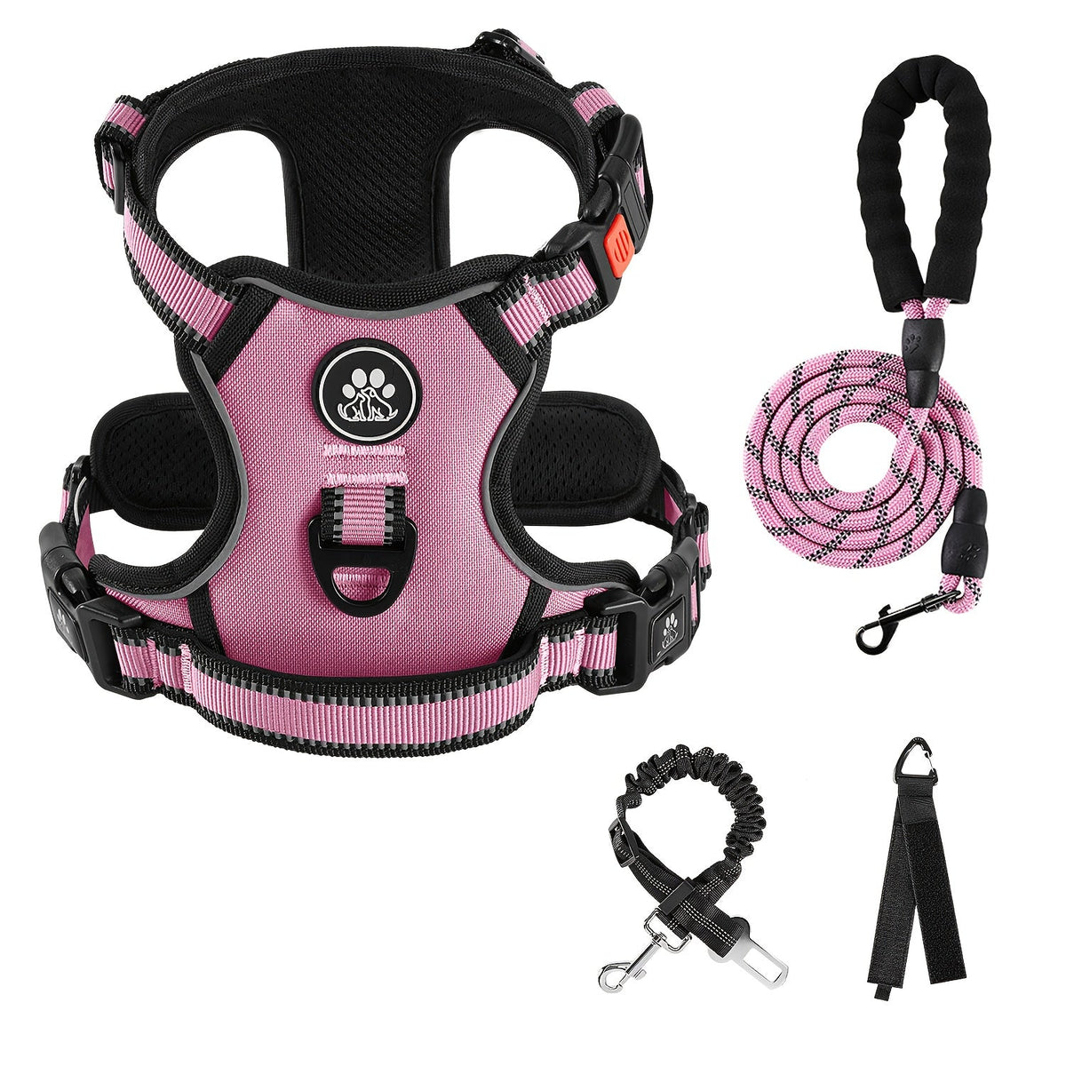 No Pull Dog Harness Set with Leash Retractable Seatbelt & Collar – Fully Reflective Adjustable Breathable Vest Harness with Handle for Small & Large Dogs XS–XL