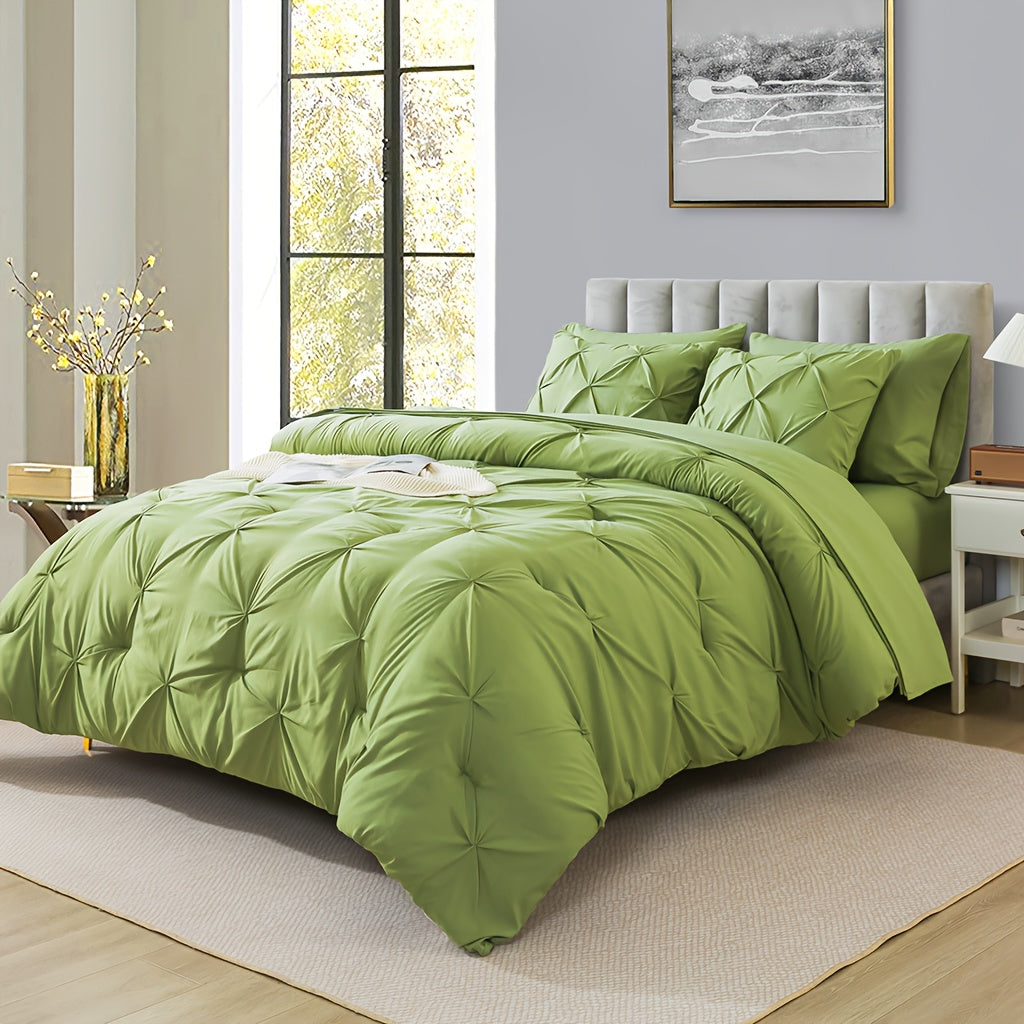 Comforter Set 7 Piece Queen King Full - Soft Microfiber Pintuck Pleated Bed in a Bag Complete Bedding Set with Comforter, Fitted Sheet, Flat Sheet & Pillowcases, All Season Home & Dorm Bedding
