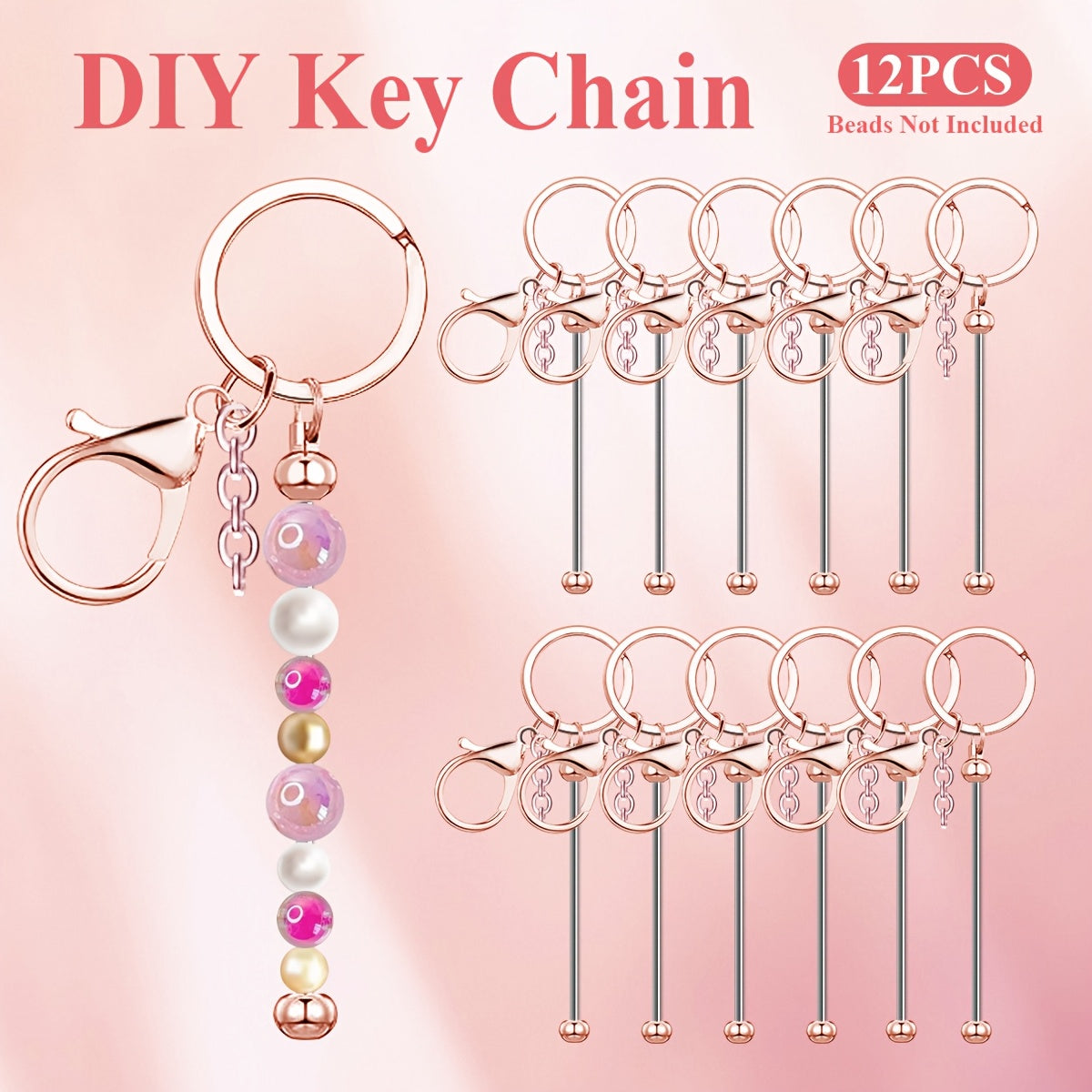 Stainless Steel Beadable Keychain Blanks DIY Kit – 12 & 24pcs Metal Keyring Pendants with Charms for Crafting, Christmas & Halloween Gifts, Gold, Silver & Rose Gold
