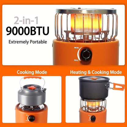 9000 BTU 2-in-1 Propane Camping Stove & Heater with Gas Hose & MAPP Converter – Adjustable Flame Portable Indoor Outdoor Gas Burner, Stainless Steel, 10.7x7 Inch Compact Design for Camping Cooking & Emergency Use
