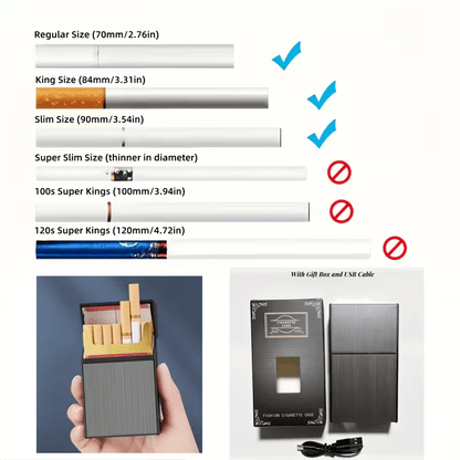 Rechargeable Electric Lighter with Built-In Cigarette Case – Windproof, Holds 20 Cigarettes, Flip-Top Design, Pressure & Moisture Resistant – Sleek All-Black for Business & Everyday Use