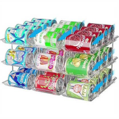 Pantry Can Organizer Rack 3-Tier Stackable – Holds 36 Cans, Auto-Rolling Transparent PET Can Storage Rack for Kitchen Pantry, Garage, Dorm & Closet, Tool-Free Assembly, Fits Soda Soup Vegetable Cans
