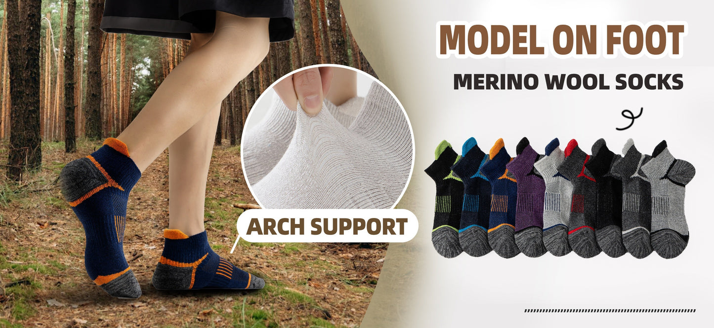 6 Pairs Merino Wool Hiking Socks for Men & Women, Cushioned Ankle Running Work Socks with Compression Support, Sweat-Absorbing Breathable Low Cut Invisible Design – Great Gift Idea