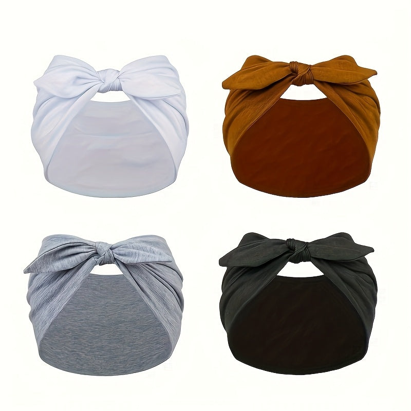 4-Pack Wide Rabbit Ear Bow Headbands for Women – Non-Slip Elastic Satin Sports Yoga Gym Hair Wrap, Soft Thick Turban Hairband Gift Set