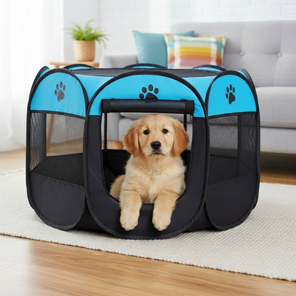 Foldable Octagonal Pet Playpen Tent for Dogs and Cats - Oxford Fabric No Assembly Required, Indoor Outdoor Pet Enclosure Kennel Maternity Room, Available in M L XL, Blue & Beige