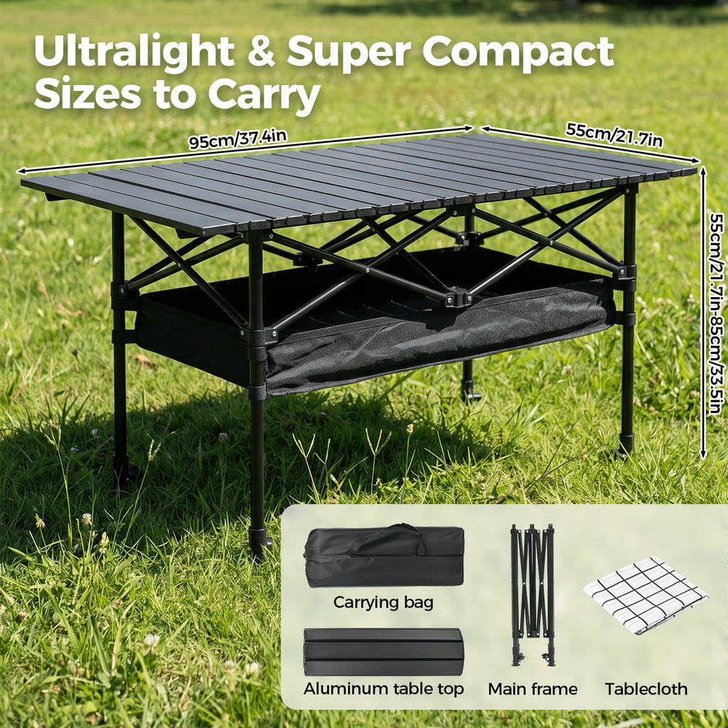 Portable Folding Camping Table Aluminum Lightweight Outdoor Picnic Table with Mesh Storage Bag & Carry Bag – Height Adjustable 37.4", Easy to Store, for Camping, Beach, Backyard, BBQ, Party & Patio