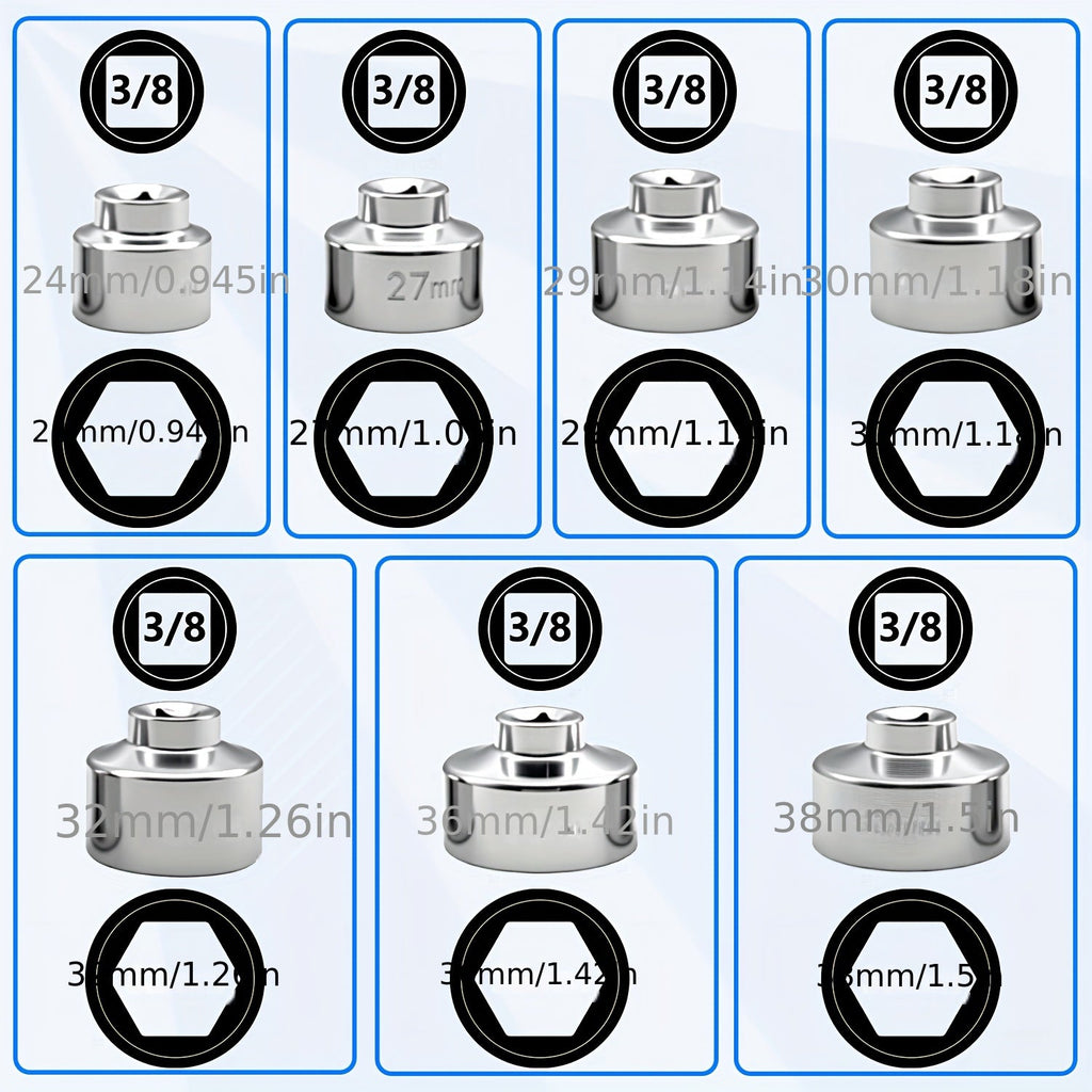 7-Piece Oil Filter Socket Wrench Set 3/8" Drive CR-V Steel 24mm 27mm 29mm 30mm 32mm 36mm 38mm - Universal Oil Filter Removal Tool Kit for Car Oil Changes