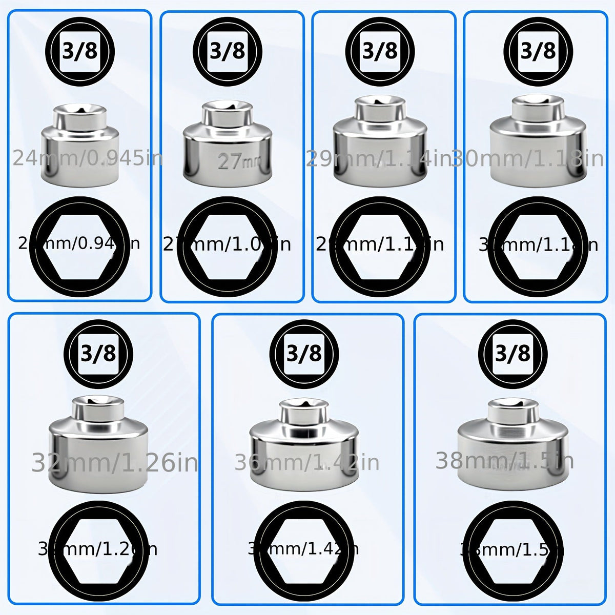 7-Piece Oil Filter Socket Wrench Set 3/8" Drive CR-V Steel 24mm 27mm 29mm 30mm 32mm 36mm 38mm - Universal Oil Filter Removal Tool Kit for Car Oil Changes