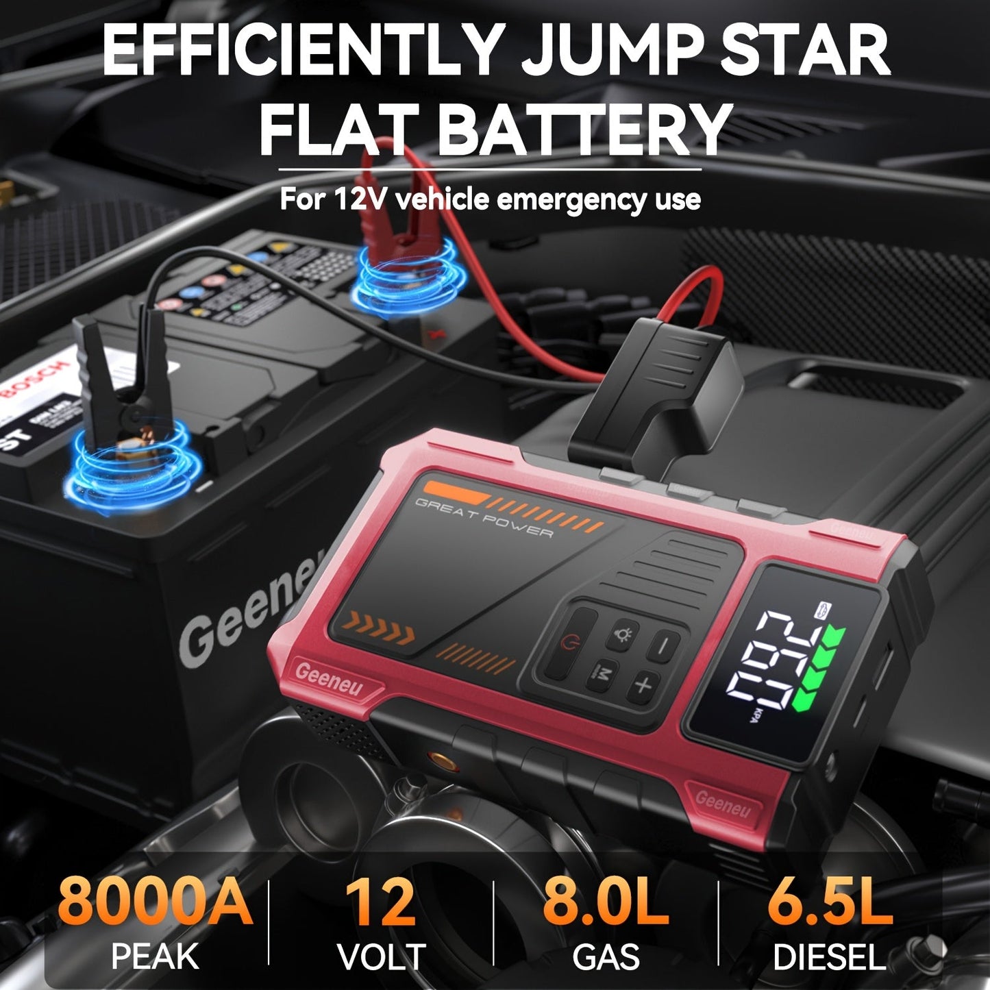 8000A Portable Jump Starter with Air Compressor – 12V Battery Booster for 8.0L Gas & 6.5L Diesel, USB Ports, LED Flashlight, Jump Box for Cars, Trucks & SUVs