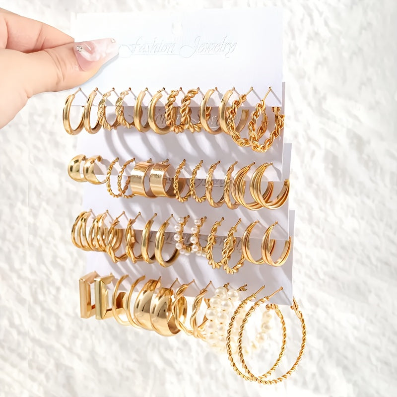 48 Piece Women's Hoop Earrings Set, Elegant Geometric & Heart Design with Faux Pearl Accents & Stainless Steel Studs for Daily Wear, Parties & Gifts
