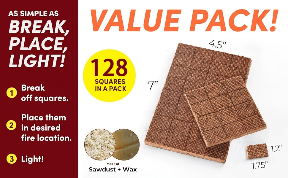 Fire Starter Squares – Waterproof Odorless Charcoal Firestarter Cubes for Campfire, BBQ, Grill, Fireplace & Wood Stove, No Kindling Needed, 32/64/128/192 Piece Packs