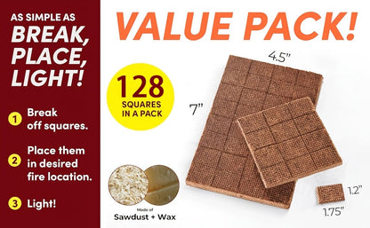 Fire Starter Squares – Waterproof Odorless Charcoal Firestarter Cubes for Campfire, BBQ, Grill, Fireplace & Wood Stove, No Kindling Needed, 32/64/128/192 Piece Packs