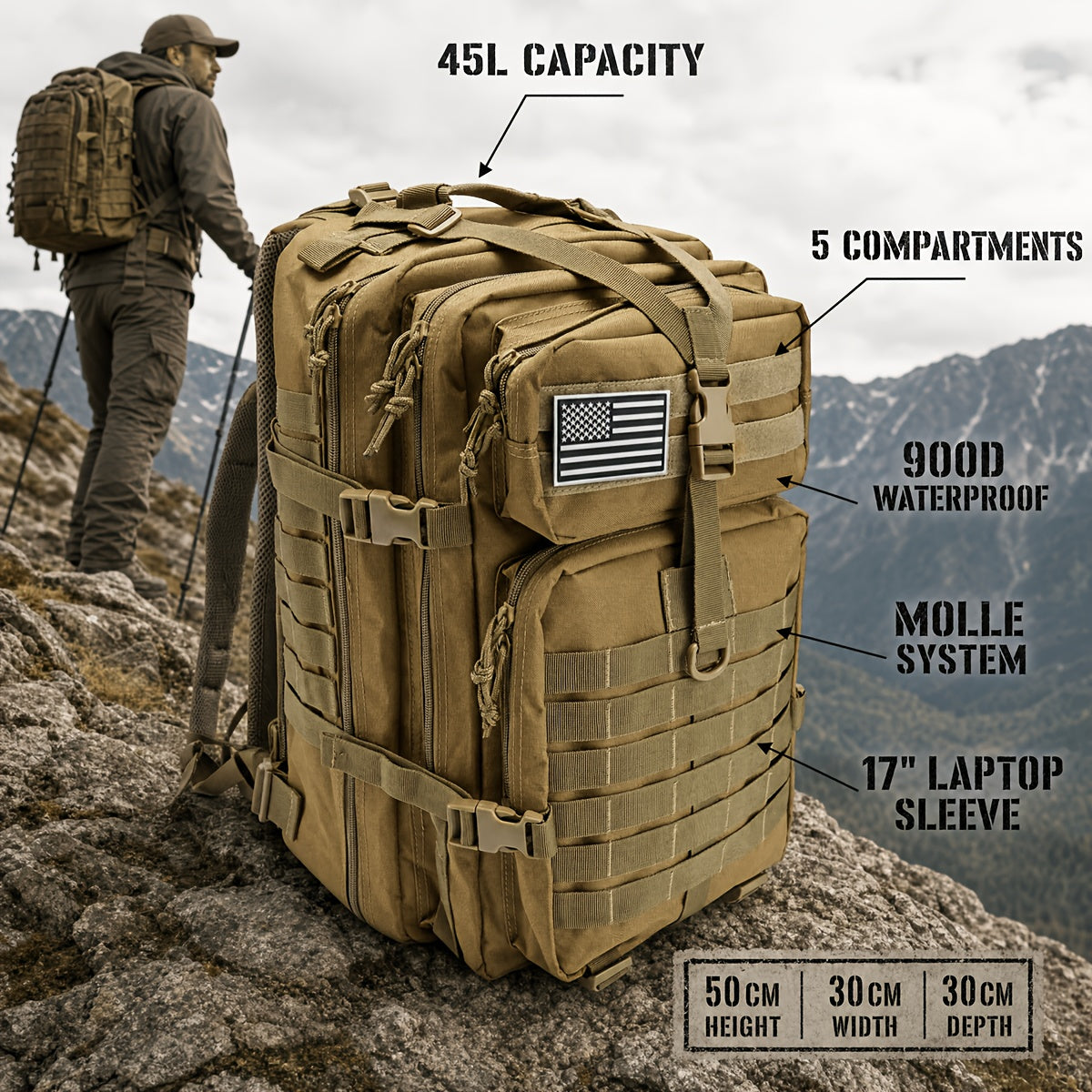 Tactical Hiking Backpack 45L 3-Day Rucksack – Multifunctional Camping Trekking Hunting Shoulder Bag with Zip Closure, Durable Sports Pack for Men and Women, Black Green Khaki