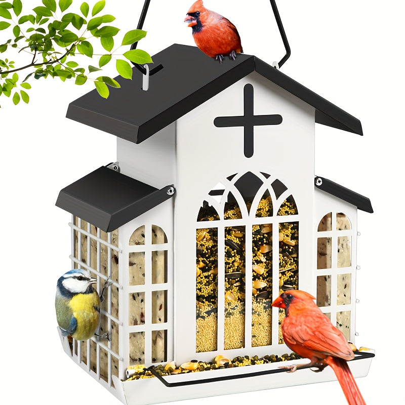 Vintage Metal Wild Bird Feeder for Outside – Triple Feeders for Finch, Cardinal & Chickadee, Large Capacity Metal Mesh Design with Easy-Hang Chains & Window Cut-Outs, 7 Style Options