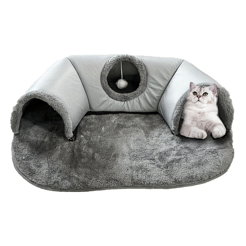 Cat Tunnel Bed with Memory Foam, Hanging Ball & Free Drool Bib – Detachable Plush Cat Condo Lounge, Machine Washable Pet Nest for Multi-Cat Households, Small to Medium Cats – Velora