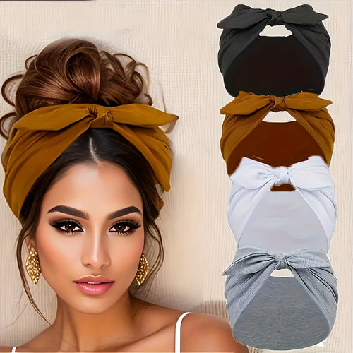 4-Pack Wide Rabbit Ear Bow Headbands for Women – Non-Slip Elastic Satin Sports Yoga Gym Hair Wrap, Soft Thick Turban Hairband Gift Set