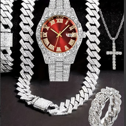 Men's Hip Hop Watch & Jewelry Set - Cuban Chain Pendant Necklace Bracelet Combo, Trendy Bling Accessories for Men, Perfect Gift for Christmas Birthday Valentine's Day Father's Day