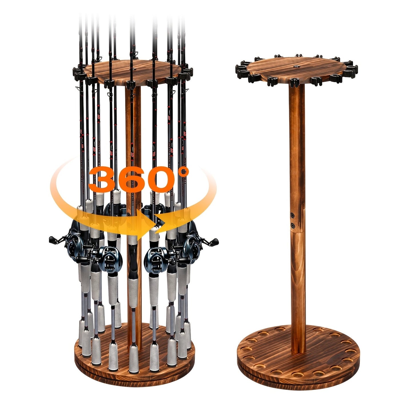 Circular Wooden Fishing Rod Rack Holds 16 Rods Space-Saving Fishing Pole Organizer for Garage Shed Man Cave – 360° Rotating & Fixed Options, Sturdy Wood Construction, Fisherman Gift