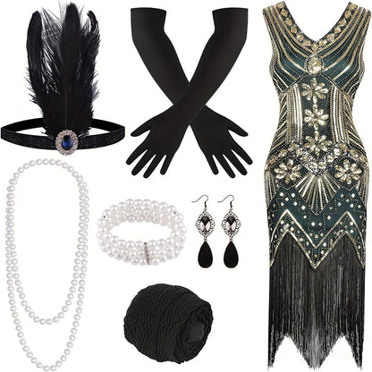 1920s Flapper Dress Women Sequin Beaded Fringe V-Neck Great Gatsby Costume with Accessories Set S-XL Red Black Gold