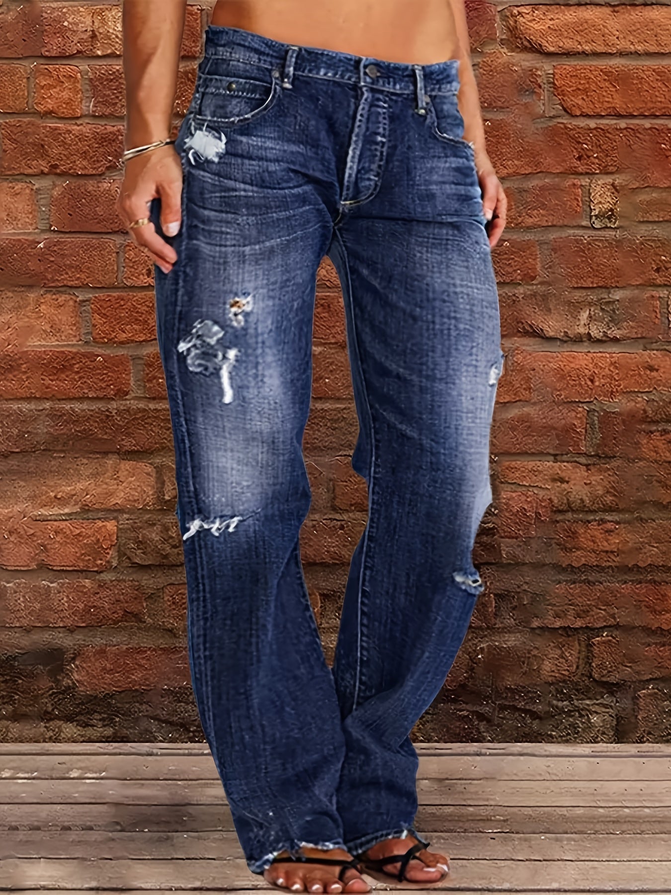 Women's Ripped Flare Wide Leg Jeans – Distressed Stretch Denim, Fashion Streetwear Casual Pants, Light Blue & Dark Blue, Sizes XS-XXL