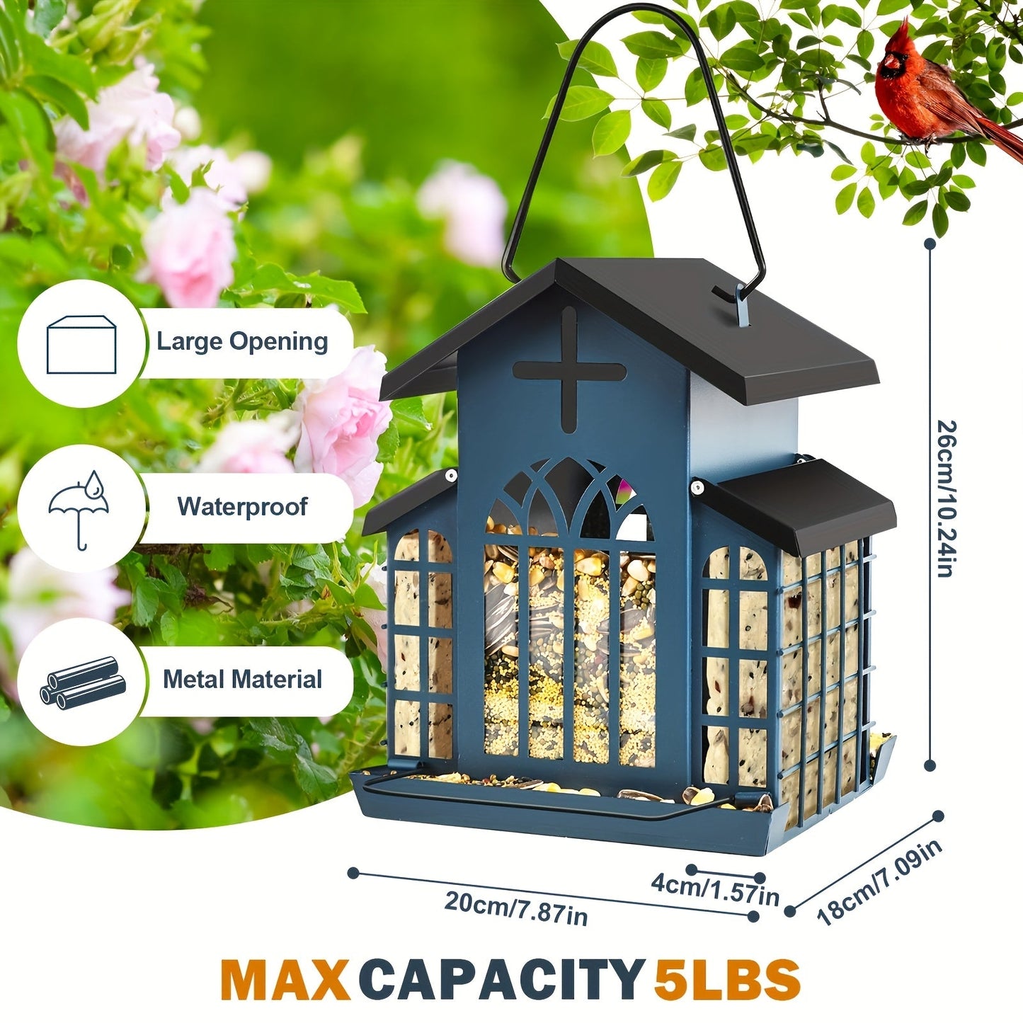 Vintage Metal Wild Bird Feeder for Outside – Triple Feeders for Finch, Cardinal & Chickadee, Large Capacity Metal Mesh Design with Easy-Hang Chains & Window Cut-Outs, 7 Style Options