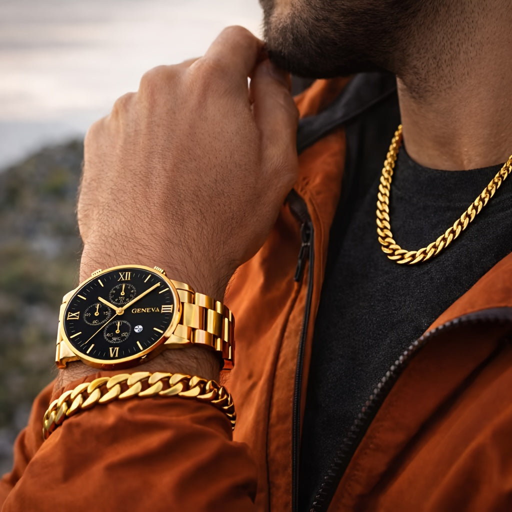 Men's Luxury Mechanical Watch & Jewelry Gift Set 4pcs – Vintage Electroplated Alloy Bracelet, Necklace & Ring, Elegant Business Casual Accessory Set for Christmas, Valentine's Day & Holiday Gifts