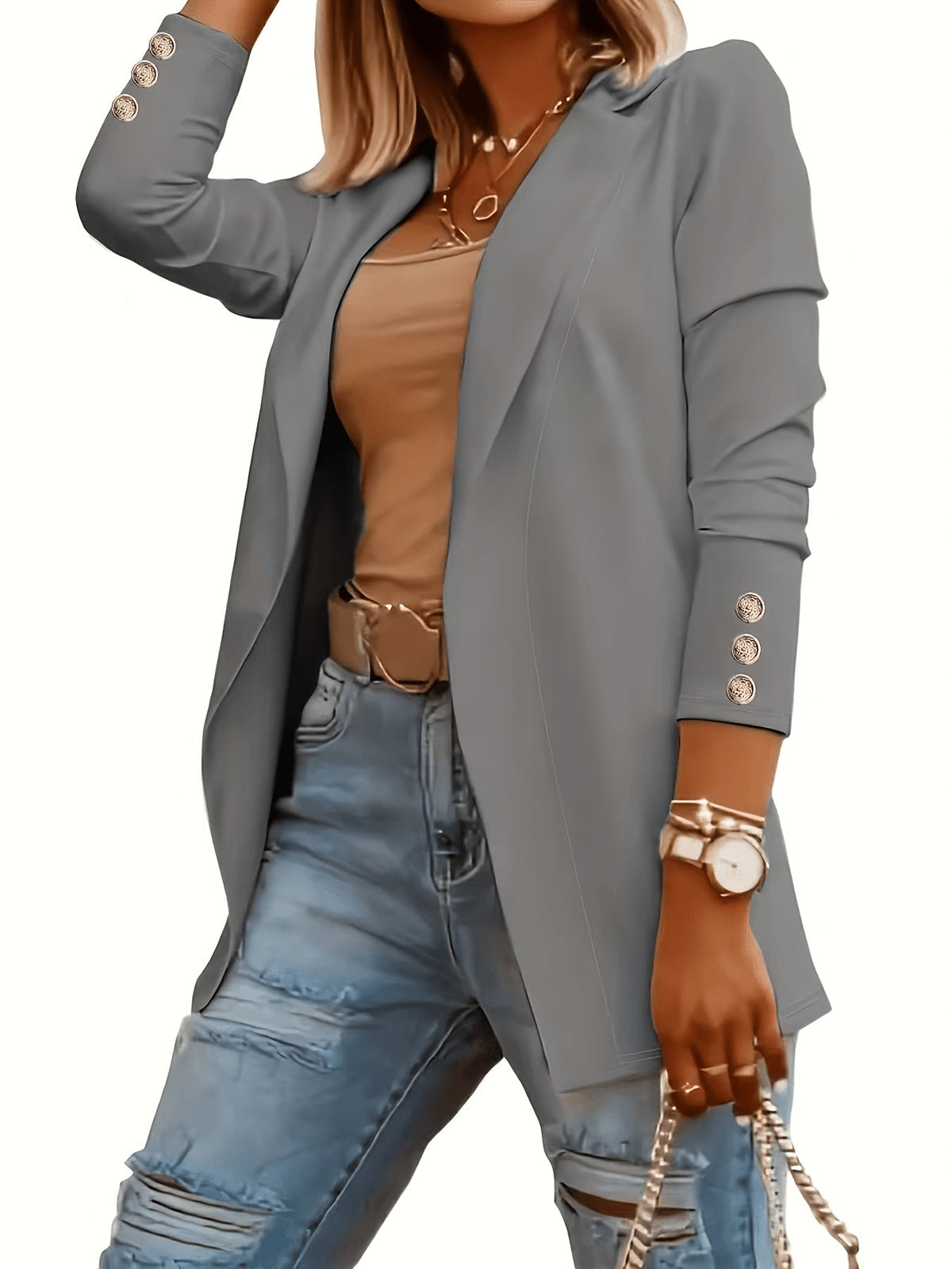 Women's Midi-Length Lapel Knit Jacket – Solid Color Long Sleeve Cuff 95% Polyester Micro-Stretch Casual Fashion Coat All-Season