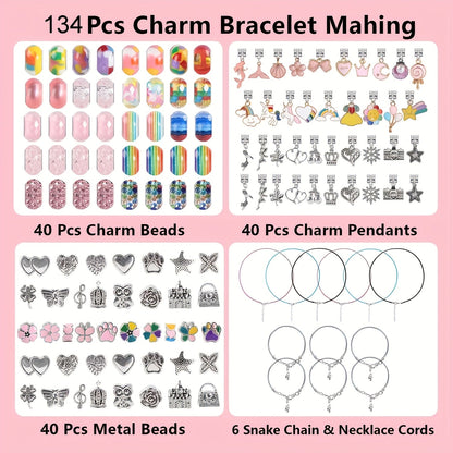 134pcs Charm Bracelet Making Kit – Cute DIY Jewelry Beading Set with 120 Beads, 6 Bracelets, 6 Necklaces, Jewelry Box & Gift Bag, Best Birthday New Year Gift for Girls Kids Teens