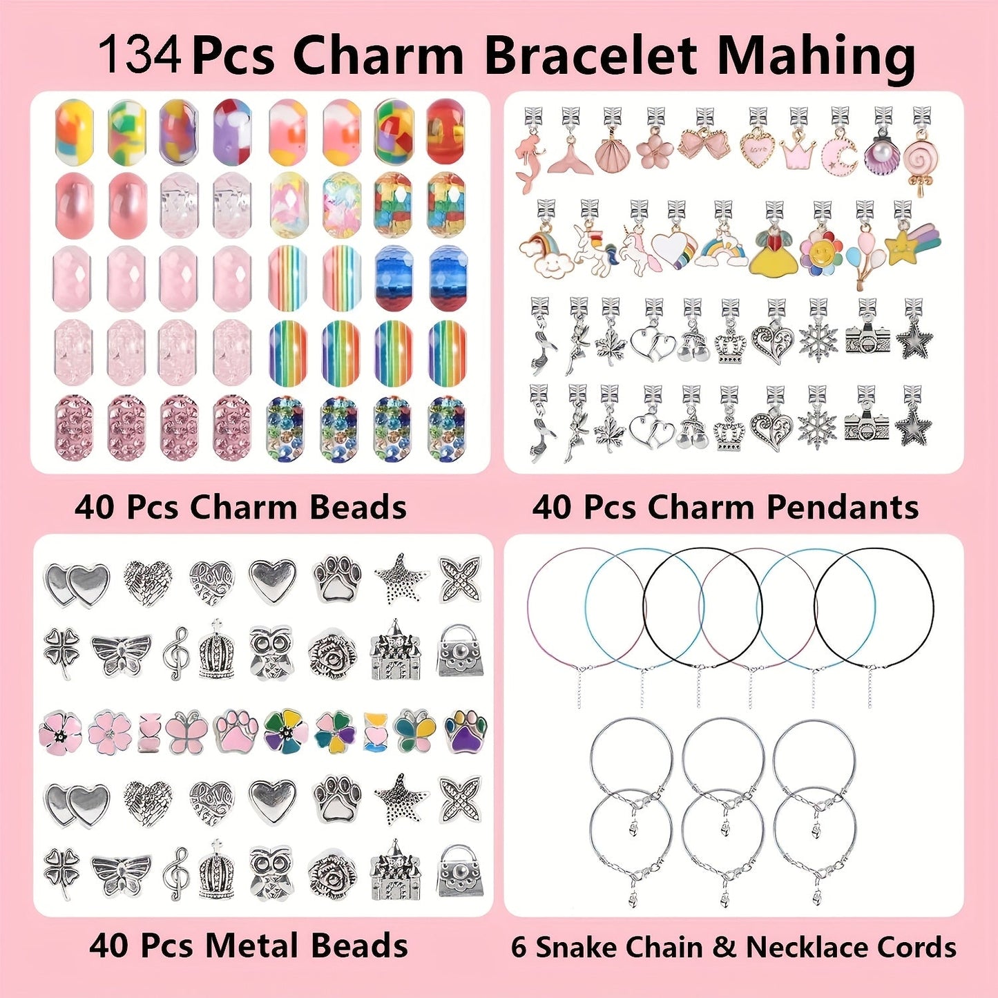 134pcs Charm Bracelet Making Kit – Cute DIY Jewelry Beading Set with 120 Beads, 6 Bracelets, 6 Necklaces, Jewelry Box & Gift Bag, Best Birthday New Year Gift for Girls Kids Teens