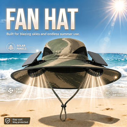 Solar Powered Cooling Fan Wide Brim Sun Hat – 2 Built-In Solar Fans, Adjustable Wind Speed, Breathable Mesh, UV Protection Outdoor Hat with Chin Strap for Fishing, Camping & Travel