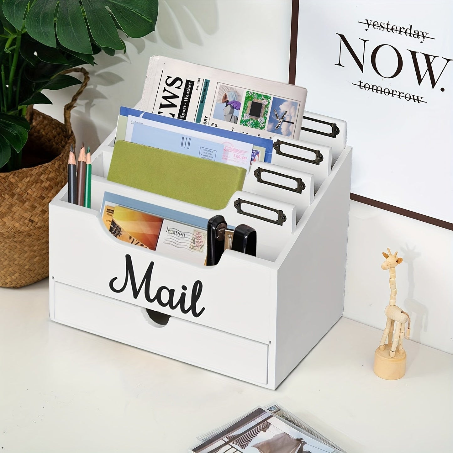 Large Solid Wood Desktop Mail Organizer with Drawer and 4 Compartments Labelable Dividers for Files Letters Paper Folders Desk Organizer for Home Office Students and Professionals